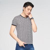 才子男装2018夏季新款男士休闲几何印花T恤衫韩版修身V领体恤衫男