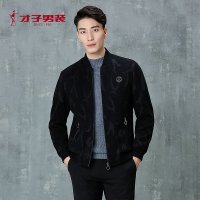 才子男装夹克男秋季品青年潮流印花棒球领修身时尚百搭商务休闲夹克外套男黑色_1