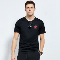 才子男装春夏新款印花弹力修身短袖T恤男士青年纯色打底衫潮黑色
