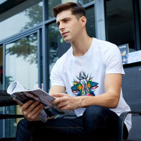 才子男装春夏新款时尚休闲印花T恤长绒棉弹力短T比翼鸟印花