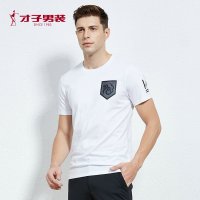 才子男装夏季款休闲时尚T恤数字元素几何线条印花圆领短T