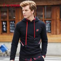 才子男装连帽卫衣男士秋季休闲青年修身三条杠国潮套头帽衫潮