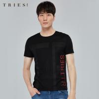 才子男装tries圆领短袖T恤男士2020夏季新款休闲字母印花舒适汗衫上衣