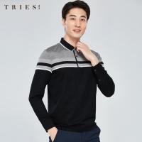 才子男装tries翻领Polo衫长袖T恤男士2020新款休闲拼接简约丝光棉上衣