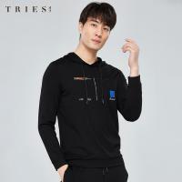 才子男装连帽卫衣男士2020春季新款休闲刺绣印花简约黑色带帽上衣