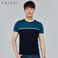才子男装双丝光棉T恤男2020夏新款休闲拼接撞色薄款透气冰丝上衣