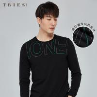 才子男装tries长袖T恤2020春季新款休闲青年修身字母印花弹力圆领上衣