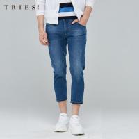 才子男装tries牛仔裤男2020夏季新款青年休闲弹力水洗修身直筒九分裤子_1