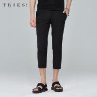 才子男装tries休闲九分西裤男士2020夏季韩版修身小脚商务条纹薄款裤子_1