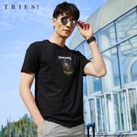才子男装tries短袖T恤男士2020夏季新款休闲印花修身纯棉圆领打底汗衫_1