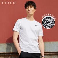才子男装tries中国风短袖T恤男2020夏季新款简约印花圆领纯棉打底体恤_1