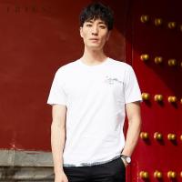 才子男装tries短袖T恤男夏季新款中国风印花潮流修身白色圆领体恤