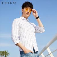 才子男装tries七分袖衬衫男夏季新款青年修身纯棉寸衫印花黑白条纹衬衣_1