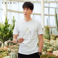 才子男装tries短袖T恤男士夏季新款熊猫卡通印花字母烫金圆领上衣