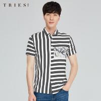 才子男装tries条纹短袖衬衫男士夏季新款修身拼接印花寸衫时尚休闲衬衣_1