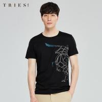才子男装tries圆领短袖T恤男士夏季新款修身潮牌时尚个性黑色打底体恤_85