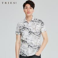 才子男装tries复古短袖衬衫男士夏季新款度假寸衫印花休闲纯棉花衬衣潮_1