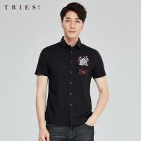 才子男装tries刺绣衬衫短袖男夏季新款修身中国风寸衫时尚潮流黑色衬衣_1