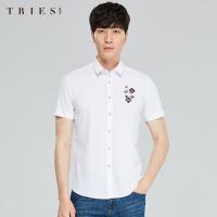 才子男装tries泡泡纱短袖衬衫男夏季新款修身字母寸衫简约休闲白色衬衣_1
