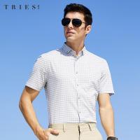 才子男装tries格子短袖衬衫男士夏季新款修身简约寸衫商务正装职业衬衣_1