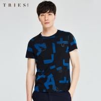 才子男装tries圆领短袖T恤男夏季新款修身时尚潮流个性透气打底体恤衫_1