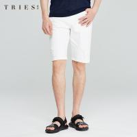 才子男装tries牛仔短裤男夏季新款修身复古破洞潮流个性时尚白色五分裤_1