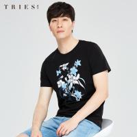 才子男装tries圆领短袖T恤男士夏季新款修身植物压胶时尚个性半袖体恤_1