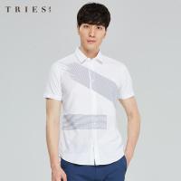 才子男装tries短袖衬衫男夏季新款修身不规则印花条纹寸衫休闲白色衬衣_1