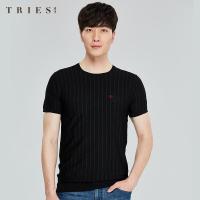 才子男装tries圆领短袖T恤男夏季新款修身简约纯色竖条纹刺绣打底体恤