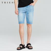才子男装tries牛仔短裤男夏季新款修身浅蓝色磨破经典休闲弹力五分裤子