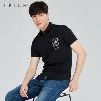 才子男装tries短袖衬衫男士夏季新款修身中国风印花寸衫黑色休闲衬衣潮