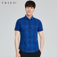 才子男装tries格子短袖衬衫男夏季新款修身纯棉印花寸衫中国风休闲寸衫