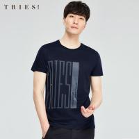 才子男装tries圆领短袖T恤男夏季新款修身简约潮流字母休闲打底体恤衫