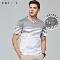 才子男装triesv领短袖T恤男2020夏季新款休闲舒适纯棉条纹印花打底汗衫_1