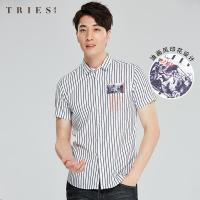 才子男装tries竖条纹短袖衬衫男2020夏季新款修身印花时尚潮流休闲衬衣