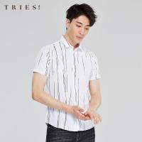 才子男装tries条纹短袖衬衫男士夏季新款修身时尚潮流寸衫休闲透气衬衣_1