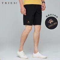 才子男装tries休闲短裤男夏季新款修身潮流中国风刺绣弹力黑色五分裤子