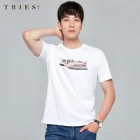 才子男装tries短袖T恤男士夏季新款休闲圆领图案印花潮流纯棉打底体恤_1