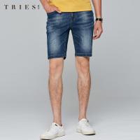 才子男装tries牛仔短裤男士夏季新款丹宁修身直筒弹力简约水洗五分裤子_1