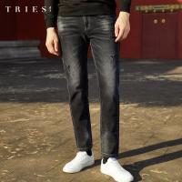 才子男装破洞牛仔裤男2020秋季新款潮流修身直筒水洗黑灰色裤子