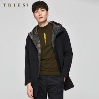 才子男装连帽夹克男士2020秋季新款迷彩修身薄款黑色中长款外套