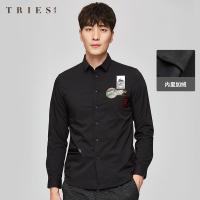 才子男装黑色衬衫男士长袖2020秋季新款加绒加厚保暖印花休闲衬衣