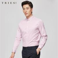才子男装竖条纹长袖衬衫男士2020秋季新款修身纯棉红色休闲衬衣潮_1