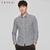 才子男装条纹长袖衬衫男士2020秋季新款修身韩版潮流拼接休闲衬衣_1