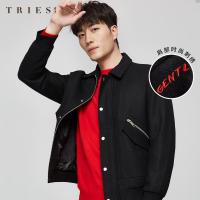 才子男装翻领夹克秋新款男士黑色上衣时尚潮流外套