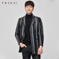 才子男装羊毛呢大衣中长款条纹秋冬新款商务时尚潮流呢子上衣外套_2