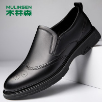 木林森男鞋2022秋季新款头层牛皮鞋男商务休闲布洛克雕花百搭黑色鞋子男一脚蹬套脚软底鞋