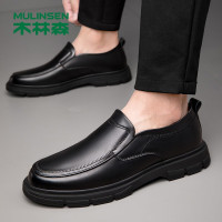 木林森男鞋秋季新款皮鞋男套脚商务休闲时尚百搭黑色头层牛皮英伦风鞋子男软底软面