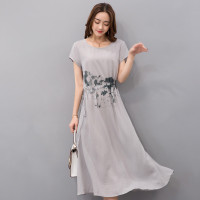 丝柏舍2018夏装新款女圆领短袖印花系带收腰中长款连衣裙S72R0508