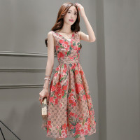 丝柏舍2018夏装新款女装 气质V领无袖印花轻熟风连衣裙S72R0490